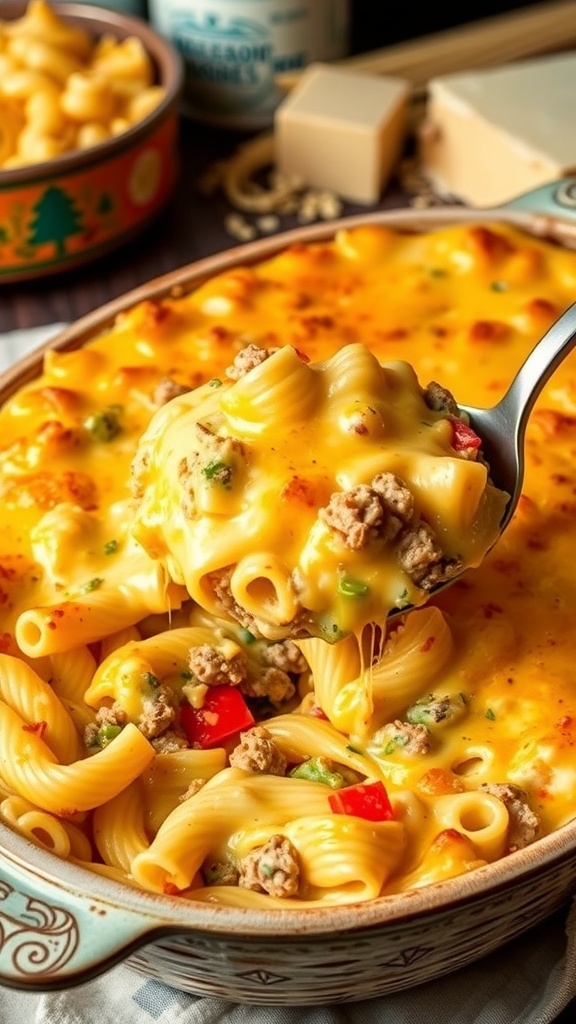 Cheesy Egg Noodle Casserole Recipe A cheesy egg noodle casserole with ground meat and vegetables, golden brown on top, in a rustic baking dish.